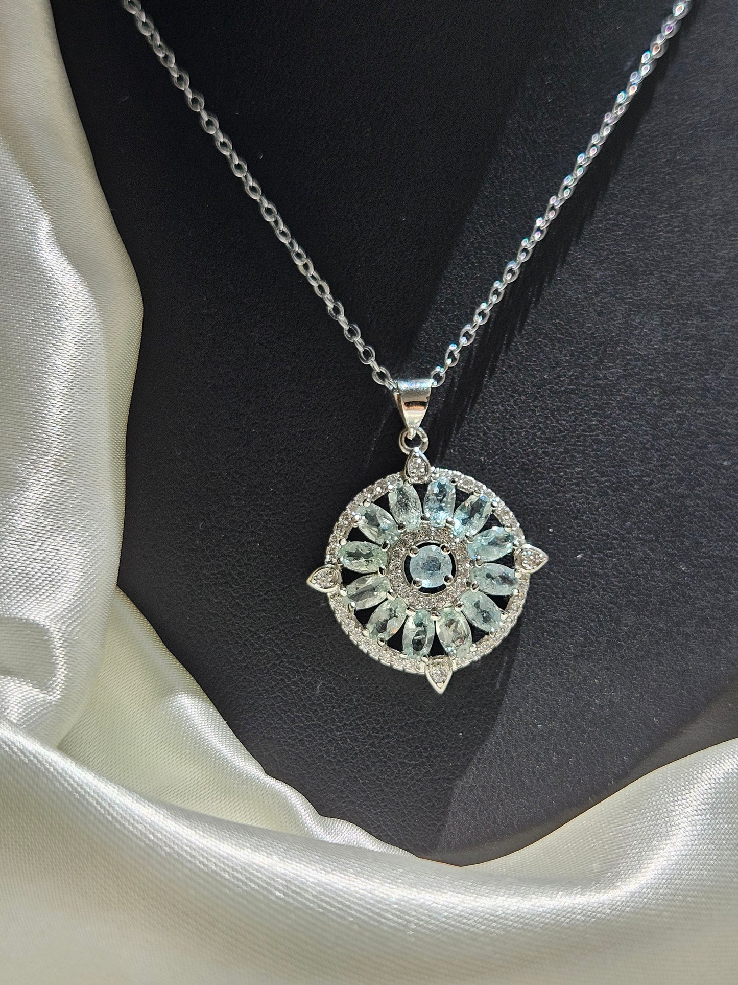 Natural Aquamarine Inlaid Sunflower Shape Pendant Necklace