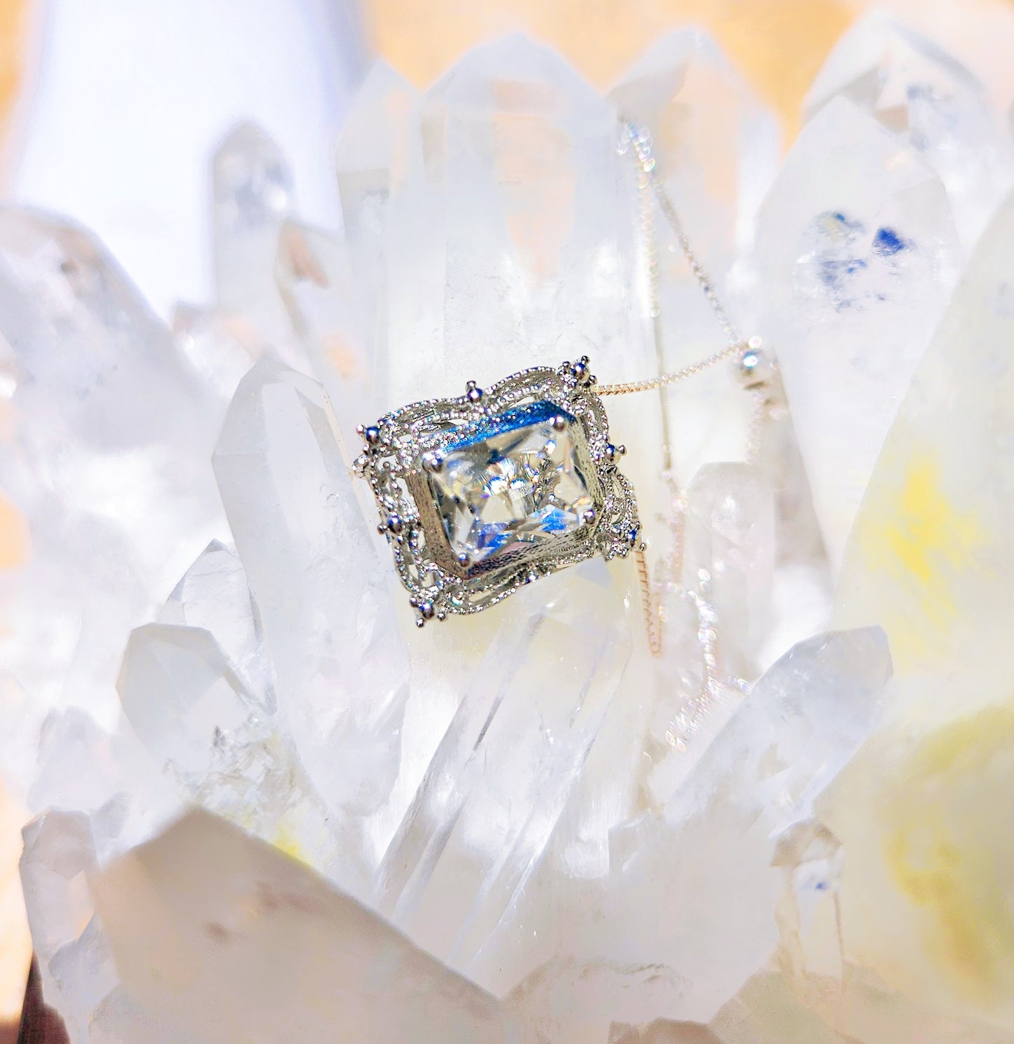 Natural White Quartz Square Shaped Necklace Silver Plated