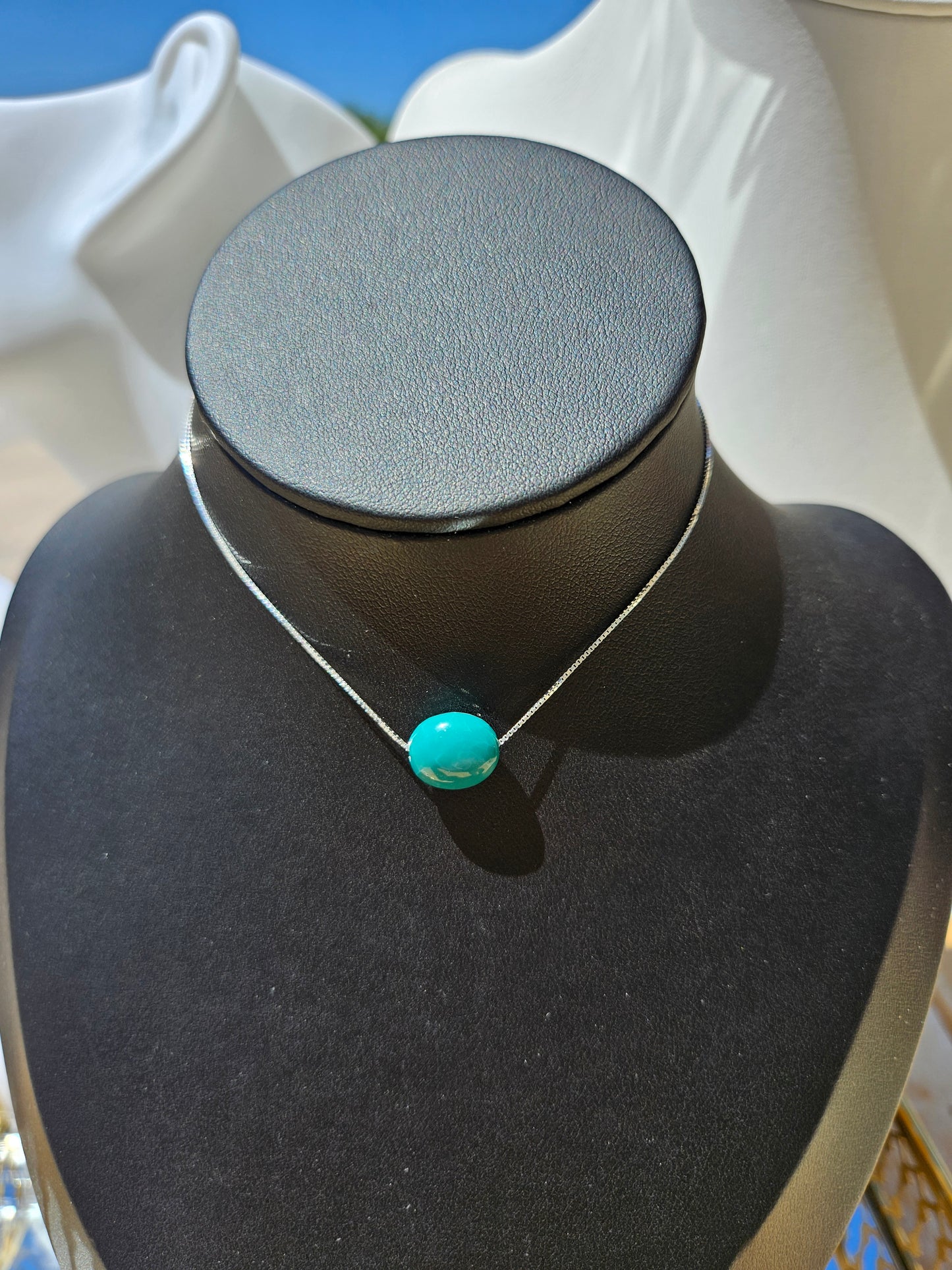 Pure Natural Turquoise Oval Bean Bead 925 Sterling Silver Necklace