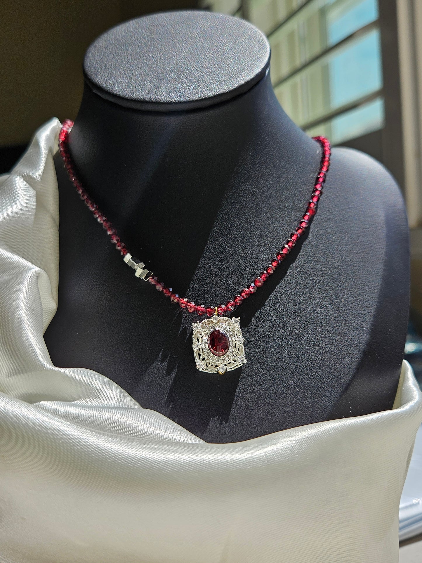Natural Red Garnet Square Shape Necklace Silver Plated