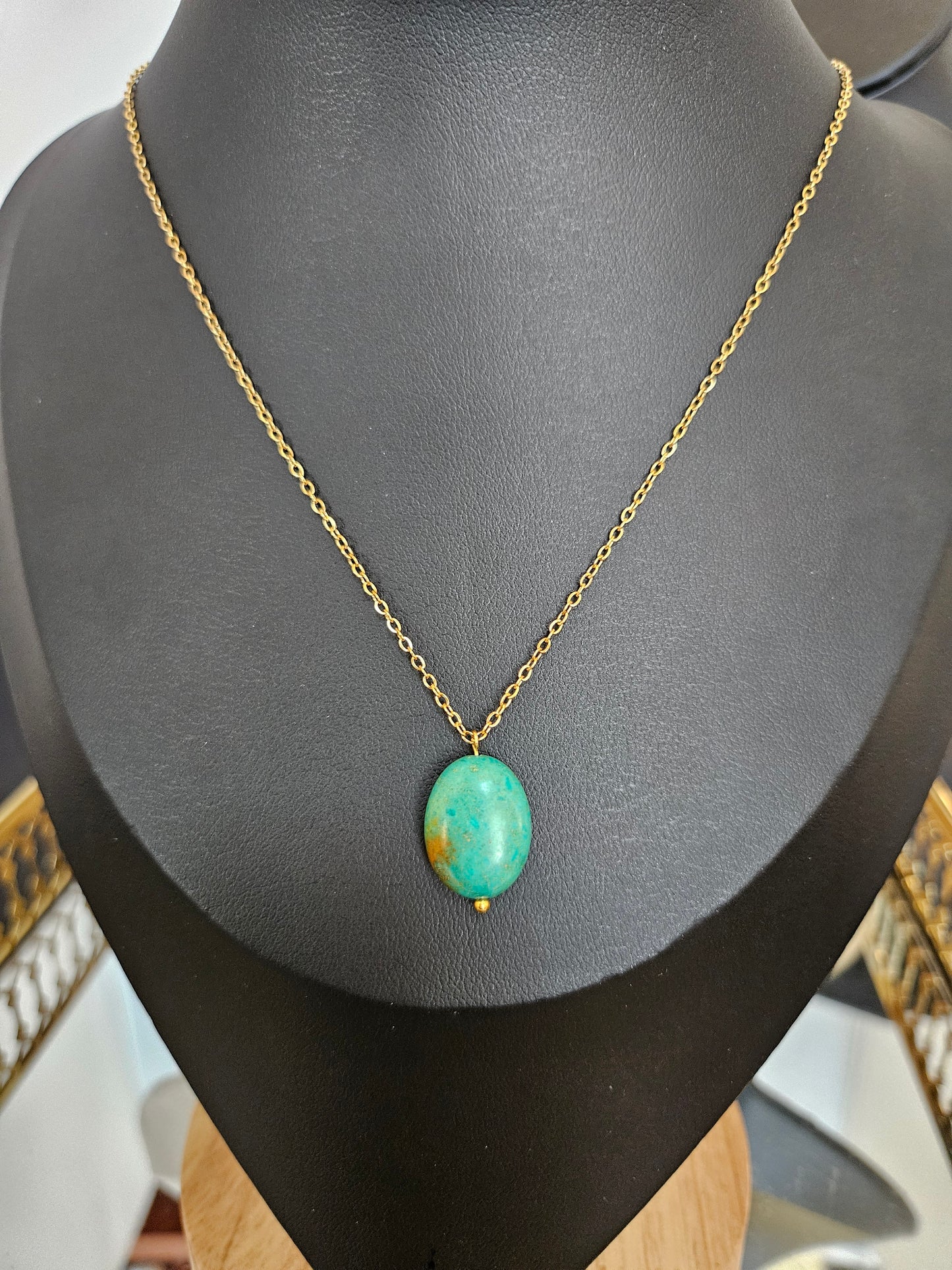 Natural Blue Multicolored Turquoise Bead Necklace Gold Plated