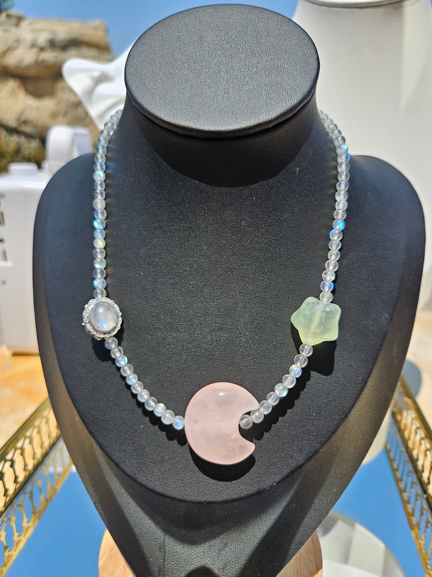 "Summer Night Stars and Moon" natural rose quartz and green hair crystal with pure natural moonstone bead necklace