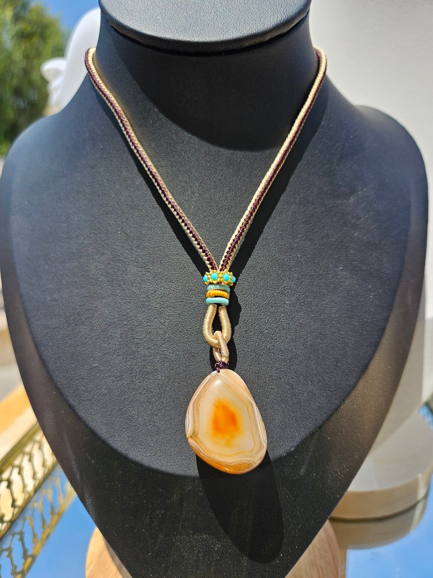 Natural agate natural two-sided different texture pendant long chain necklace