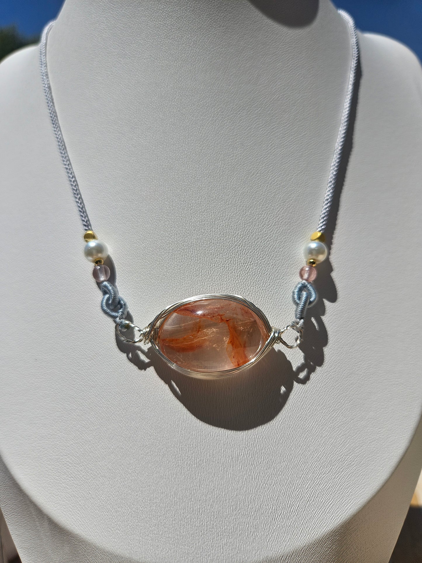 Natural Red Flower Ghost Crystal Pendant Necklace Handmade Braided Cord Adjustable