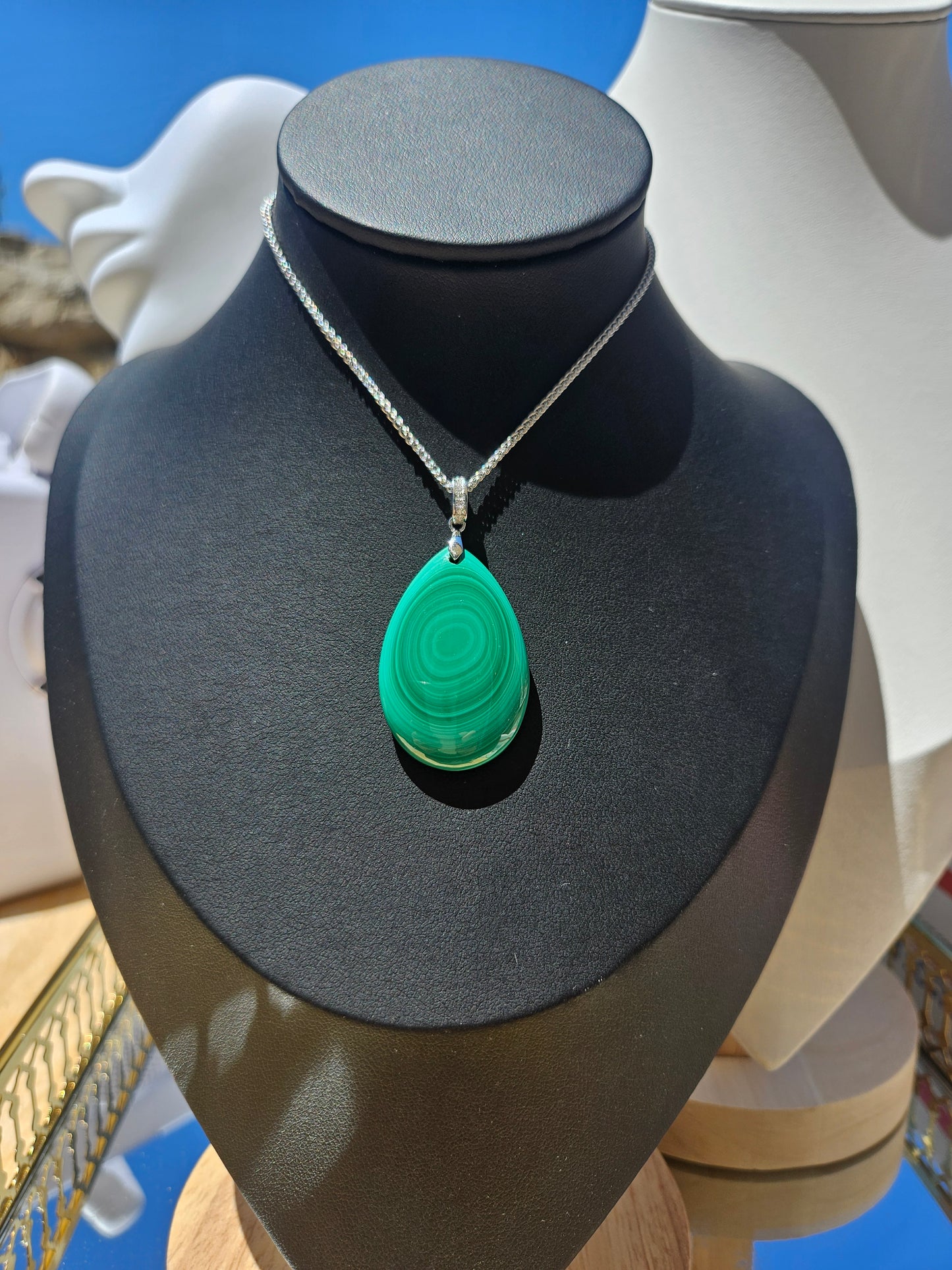 Natural Malachite Natural Texture Teardrop Pendant Silver Plated Necklace Adjustable
