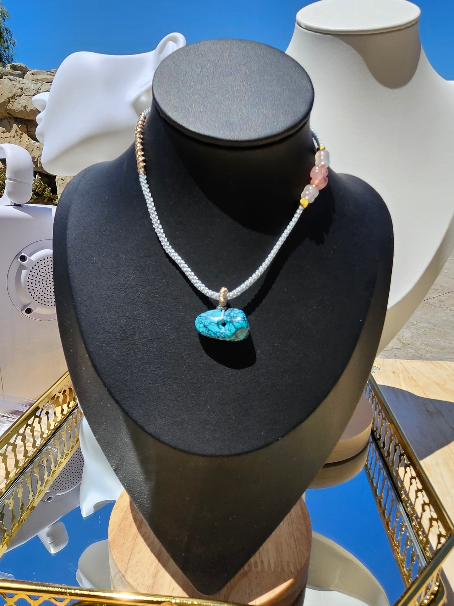 Natural Turquoise Button-shaped Vintage Pendant Hand-woven Rope Adjustable Necklace