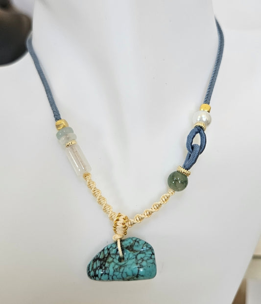 Natural Turquoise Unique Natural Texture Pendant Hand-woven Cord Adjustable Necklace