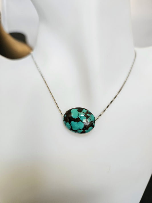 Natural Turquoise Unique Natural Texture Pendant Adjustable Silver Plated Necklace