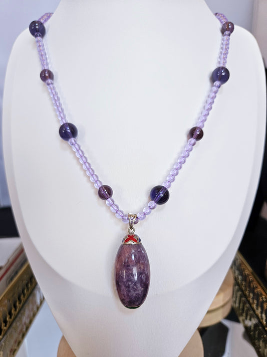 Natural pink and purple tourmaline barrel bead pendant necklace