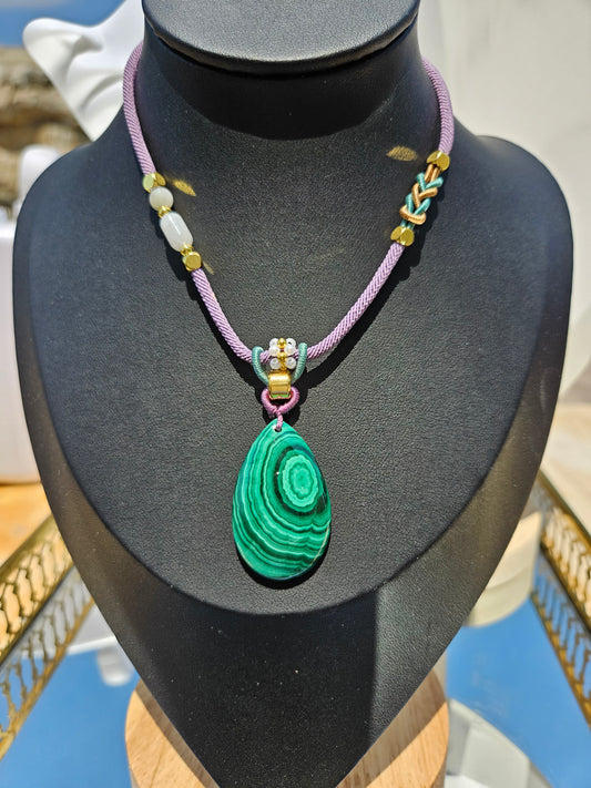 Natural Malachite Natural Texture Teardrop Pendant Handmade Braided Necklace Adjustable