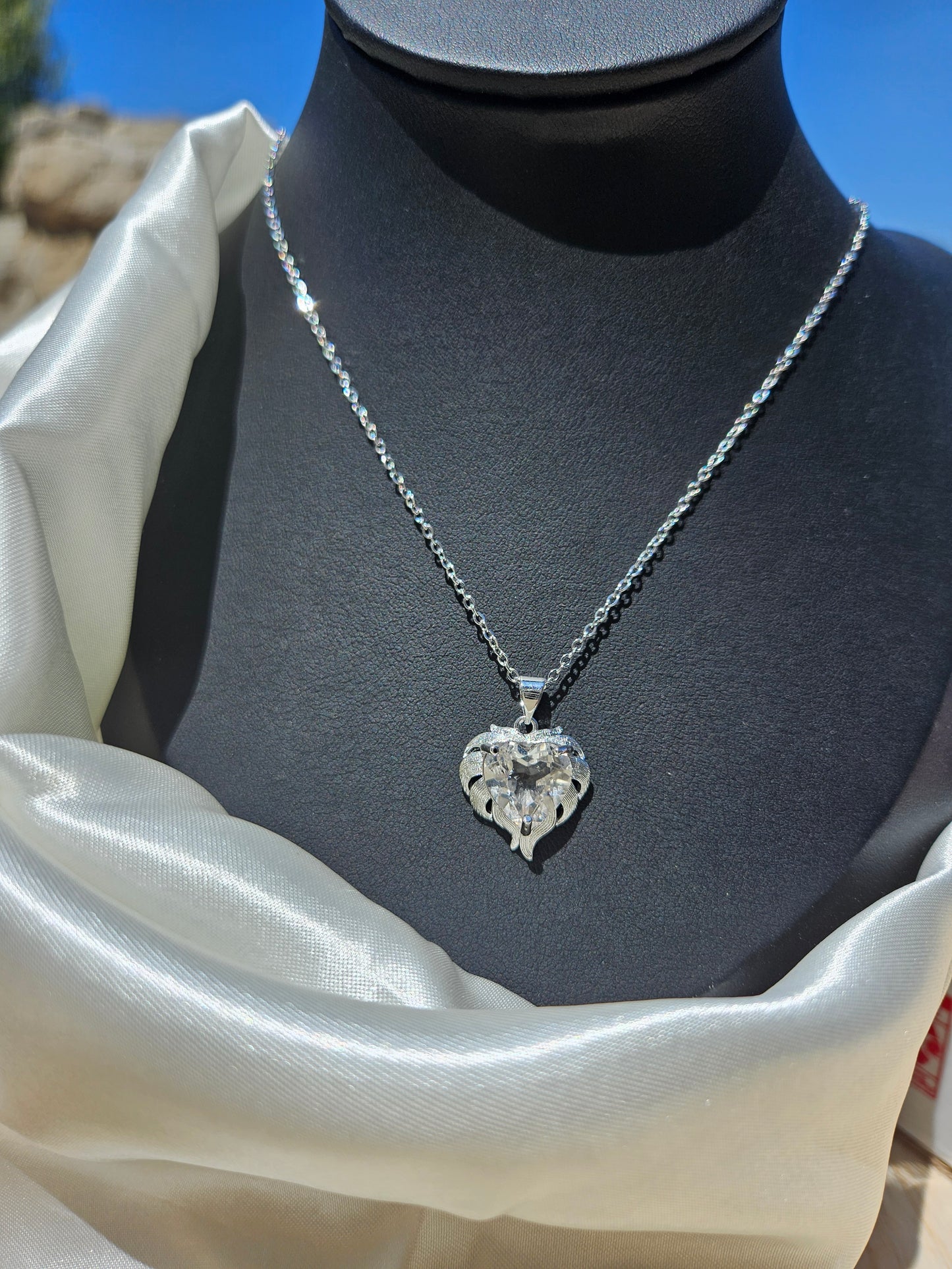 Natural White Quartz Heart Shaped Necklace Silver Plated