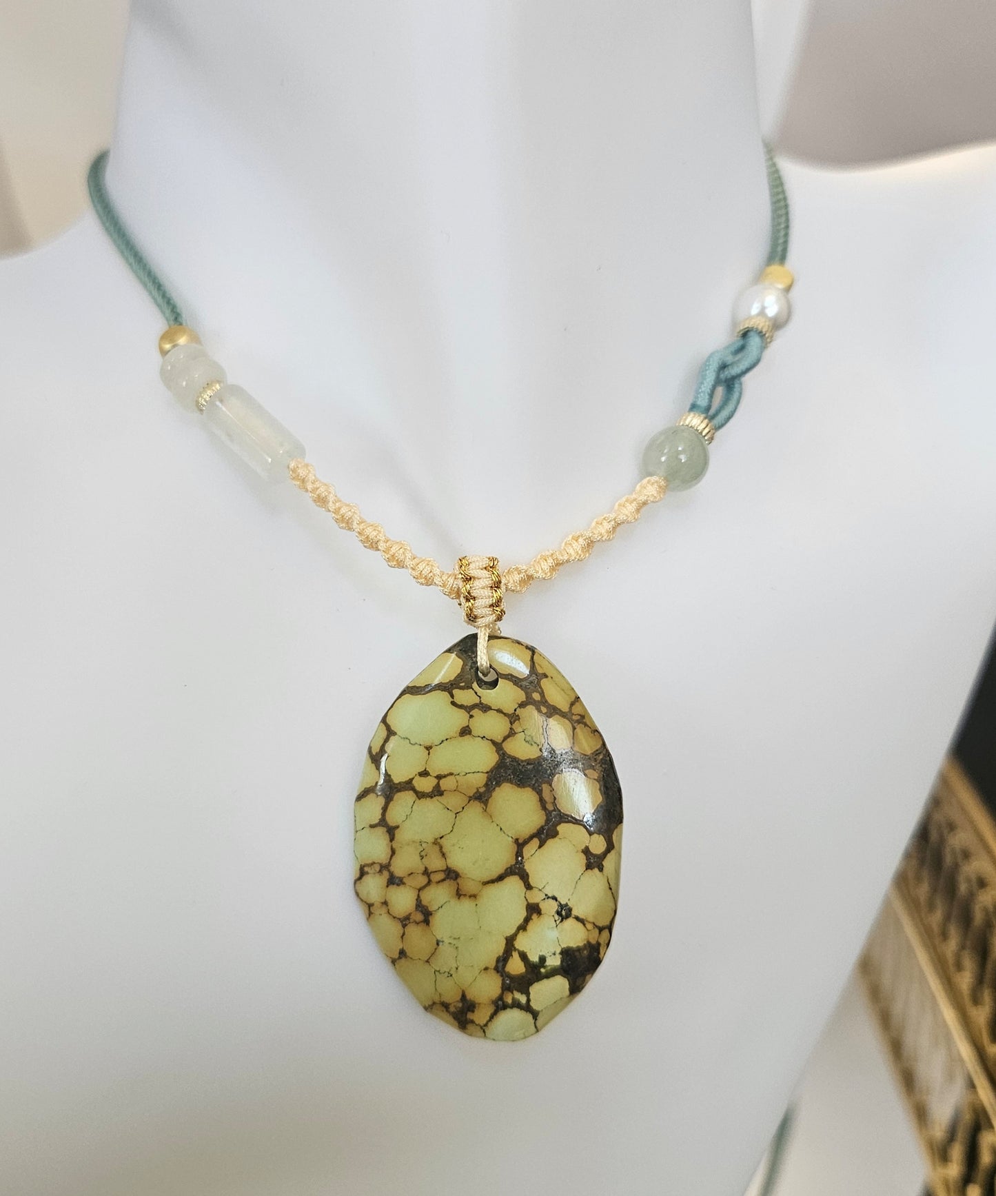 Natural Turquoise Unique Natural Texture Yellow Green Pendant Hand-woven Rope Adjustable Necklace