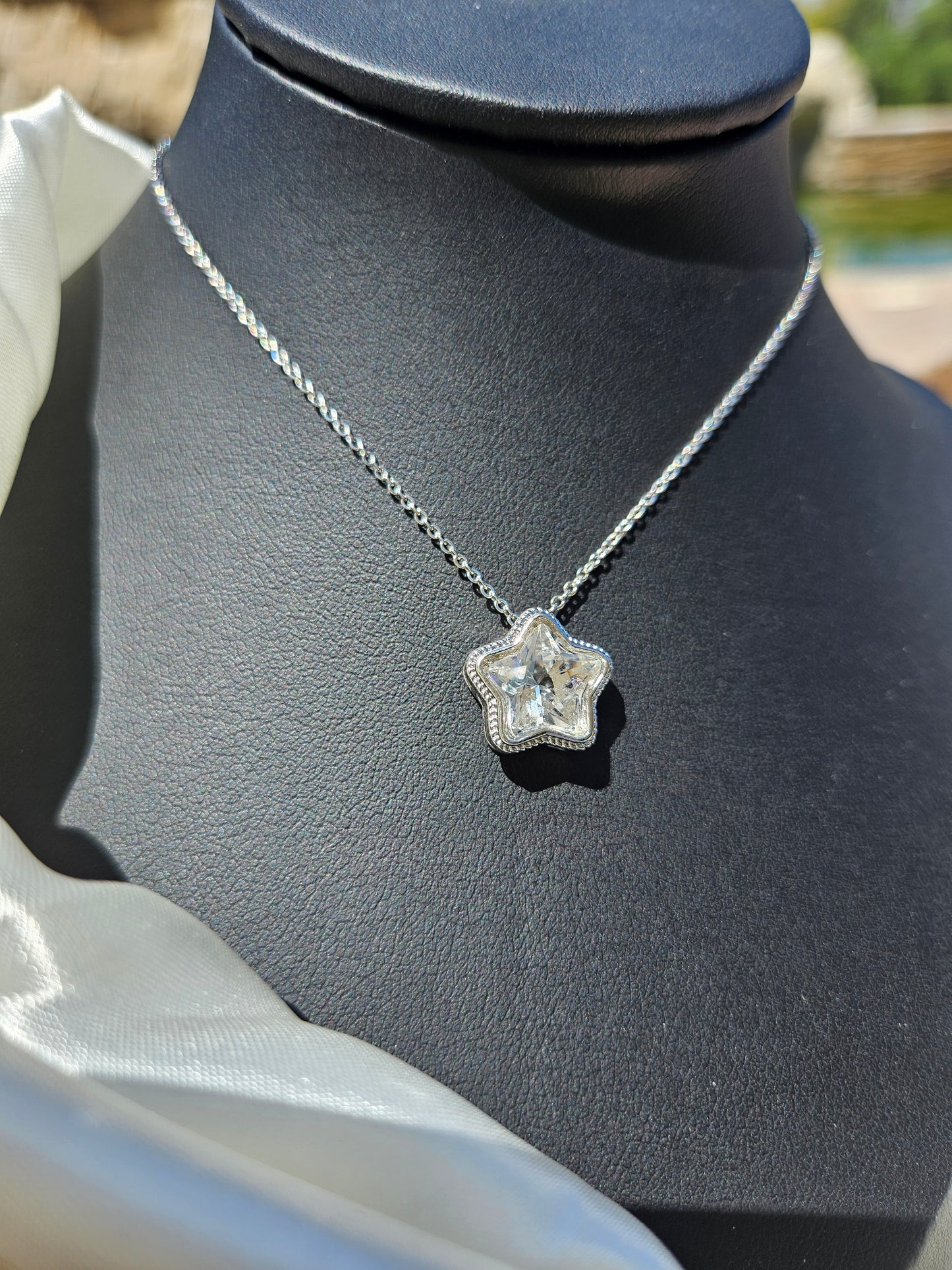 Natural White Quartz Star Shaped Necklace Silver Plated