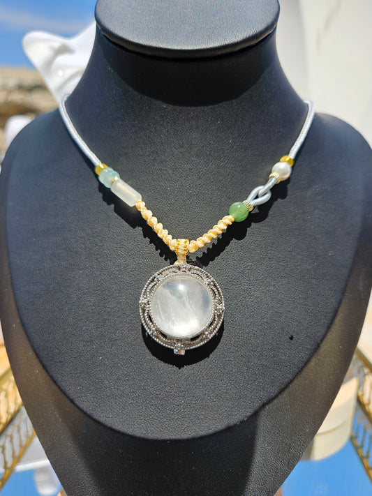 Natural White Crystal Round Pendant Necklace  Hand-woven Rope Adjustable