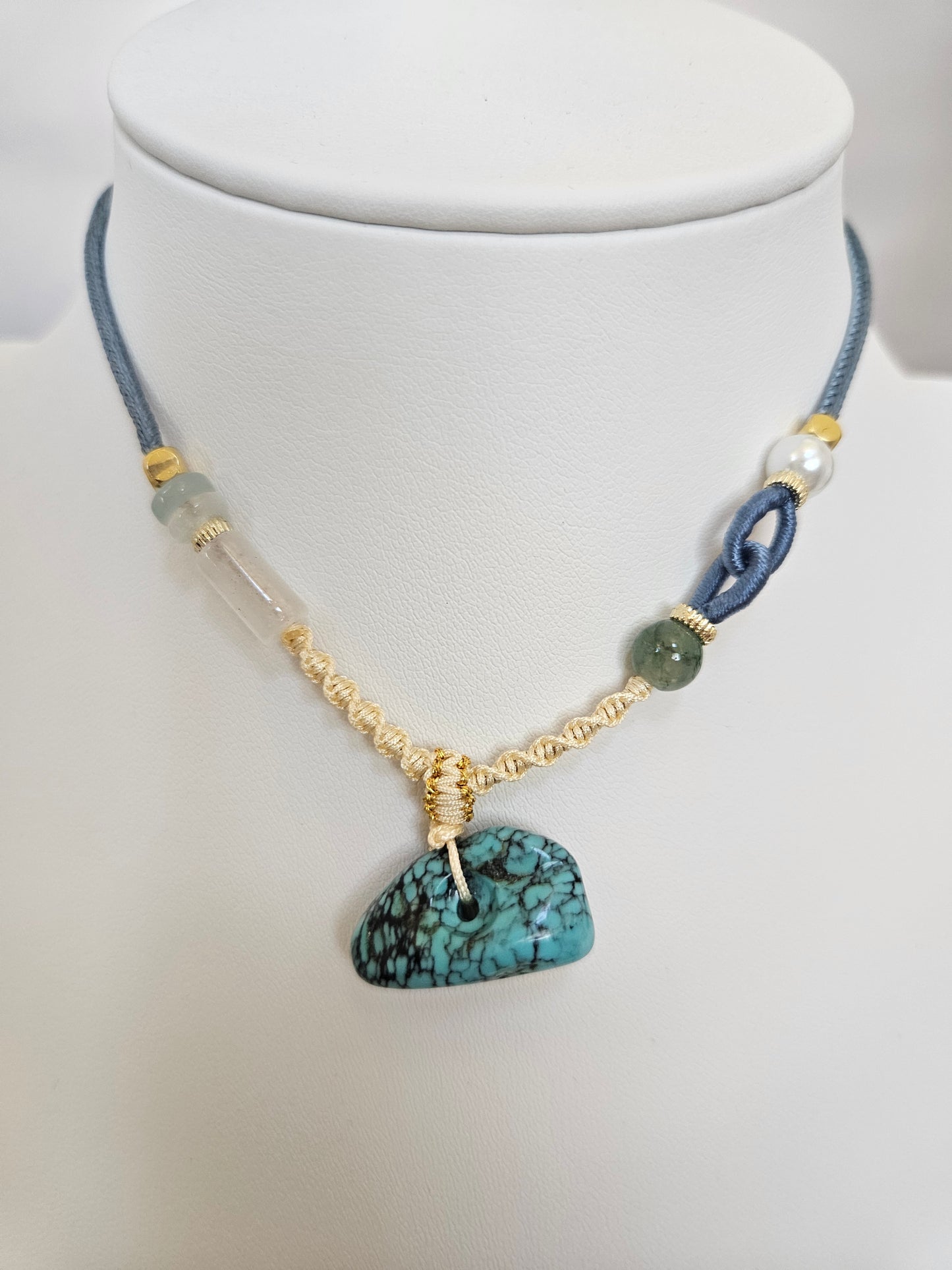 Natural Turquoise Unique Natural Texture Pendant Hand-woven Cord Adjustable Necklace