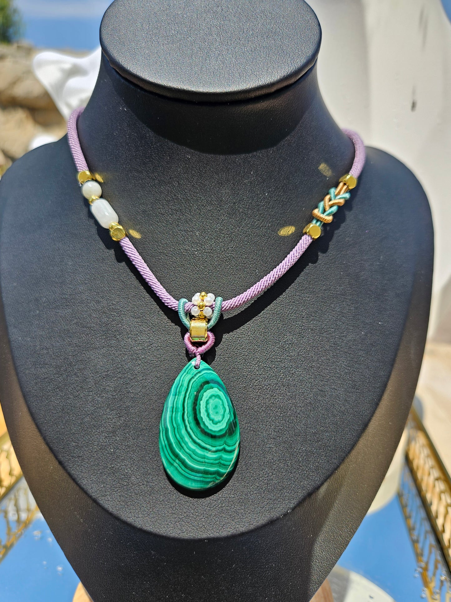 Natural Malachite Natural Texture Teardrop Pendant Handmade Braided Necklace Adjustable