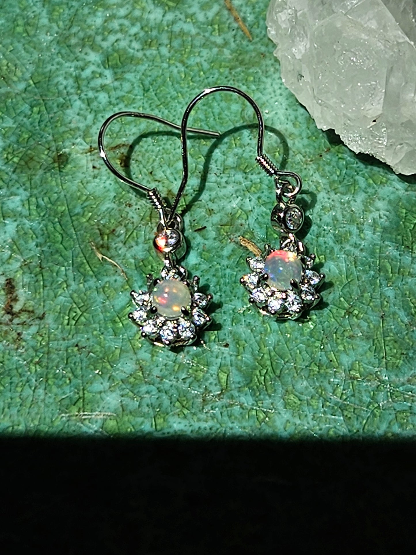 Natural opal sunflower shape pendant earrings silver plated