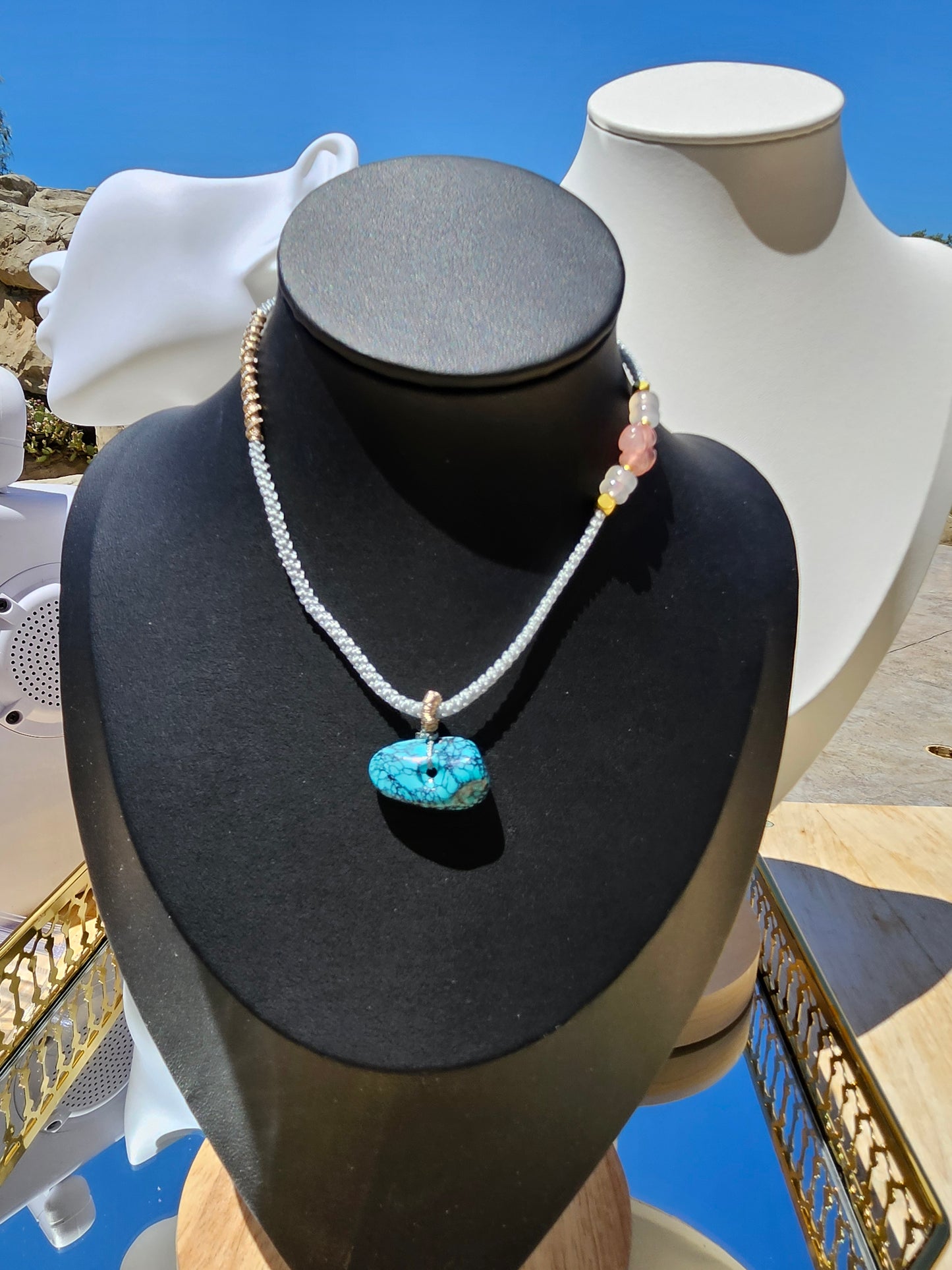 Natural Turquoise Button-shaped Vintage Pendant Hand-woven Rope Adjustable Necklace