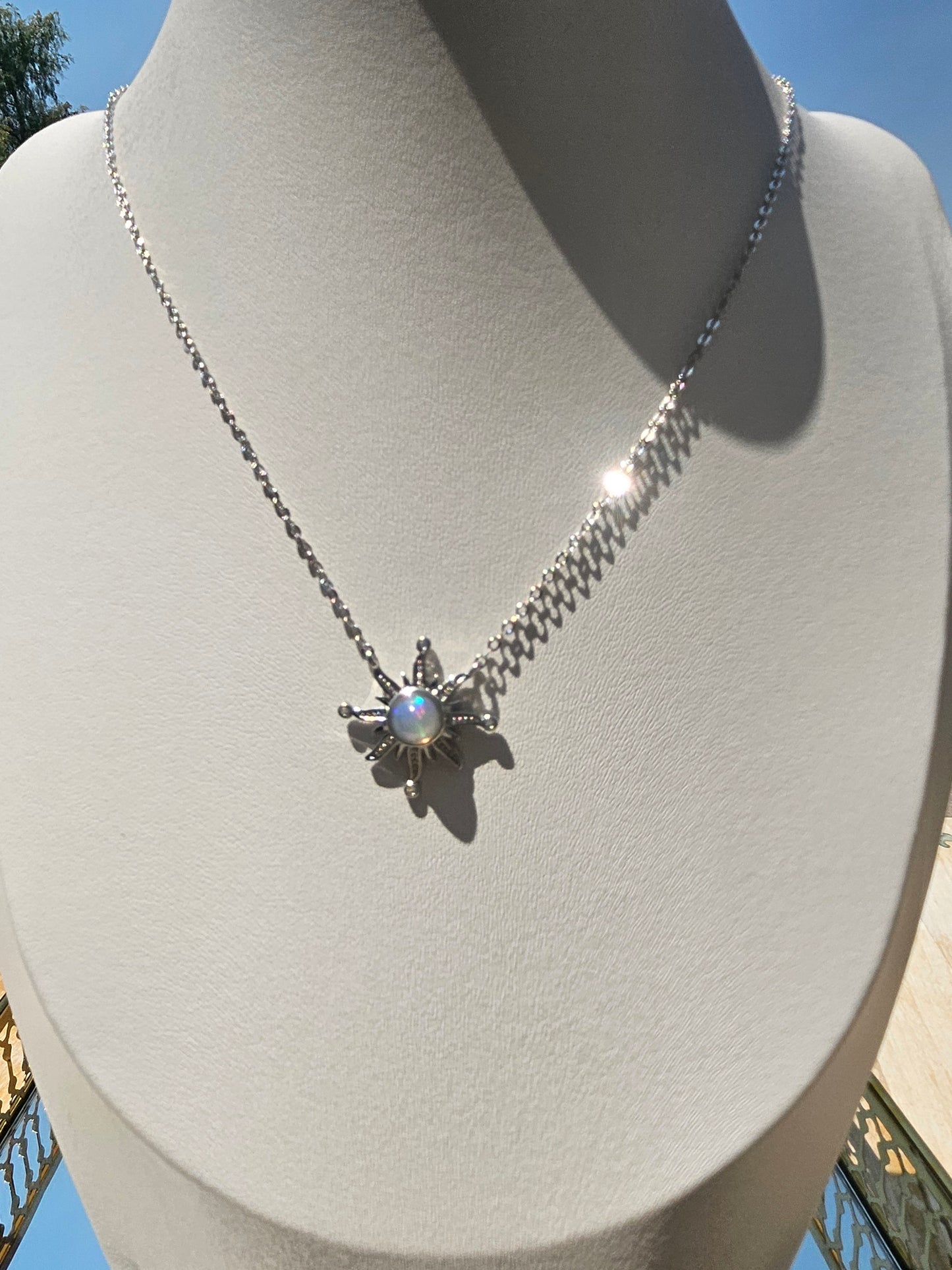 Natural Opal Necklace Sun Shape Sparkling Zircon Inlay