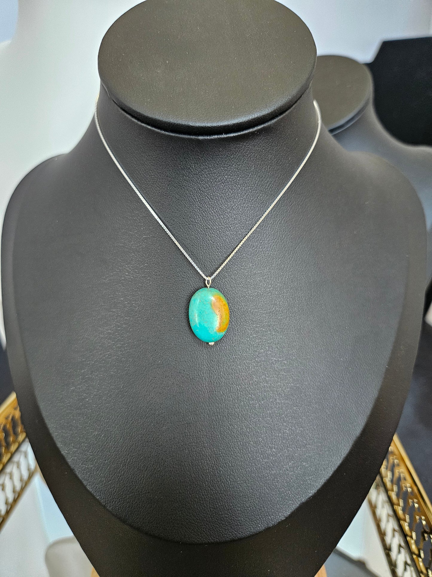 Natural Blue and Orange Pattern Turquoise Bead Necklace Silver Plated