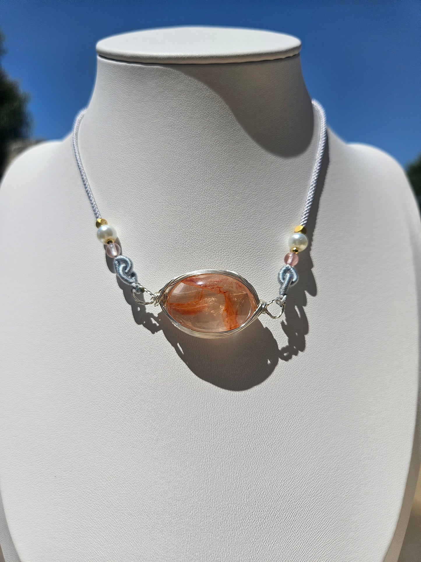 Natural Red Flower Ghost Crystal Pendant Necklace Handmade Braided Cord Adjustable