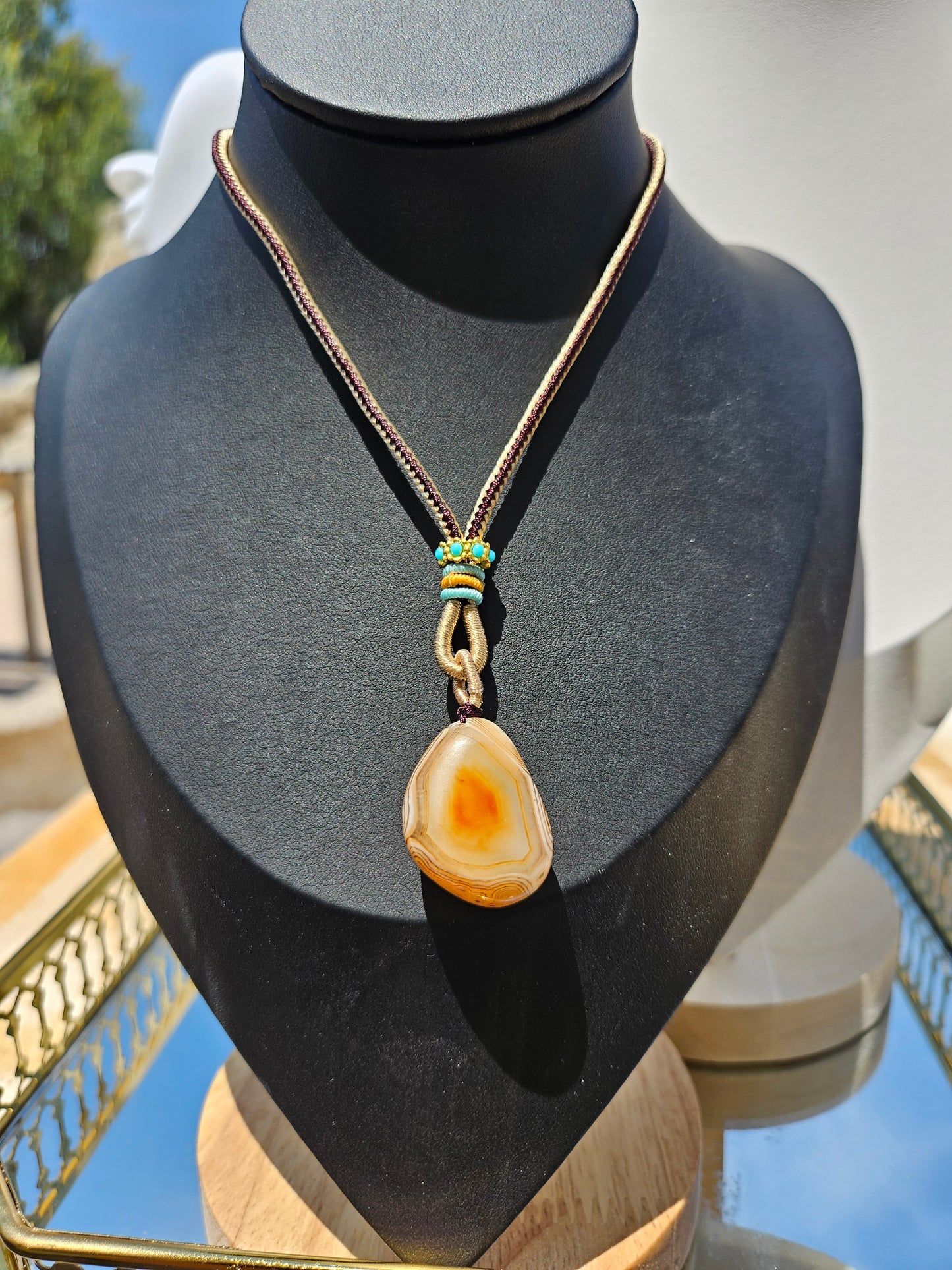 Natural agate natural two-sided different texture pendant long chain necklace