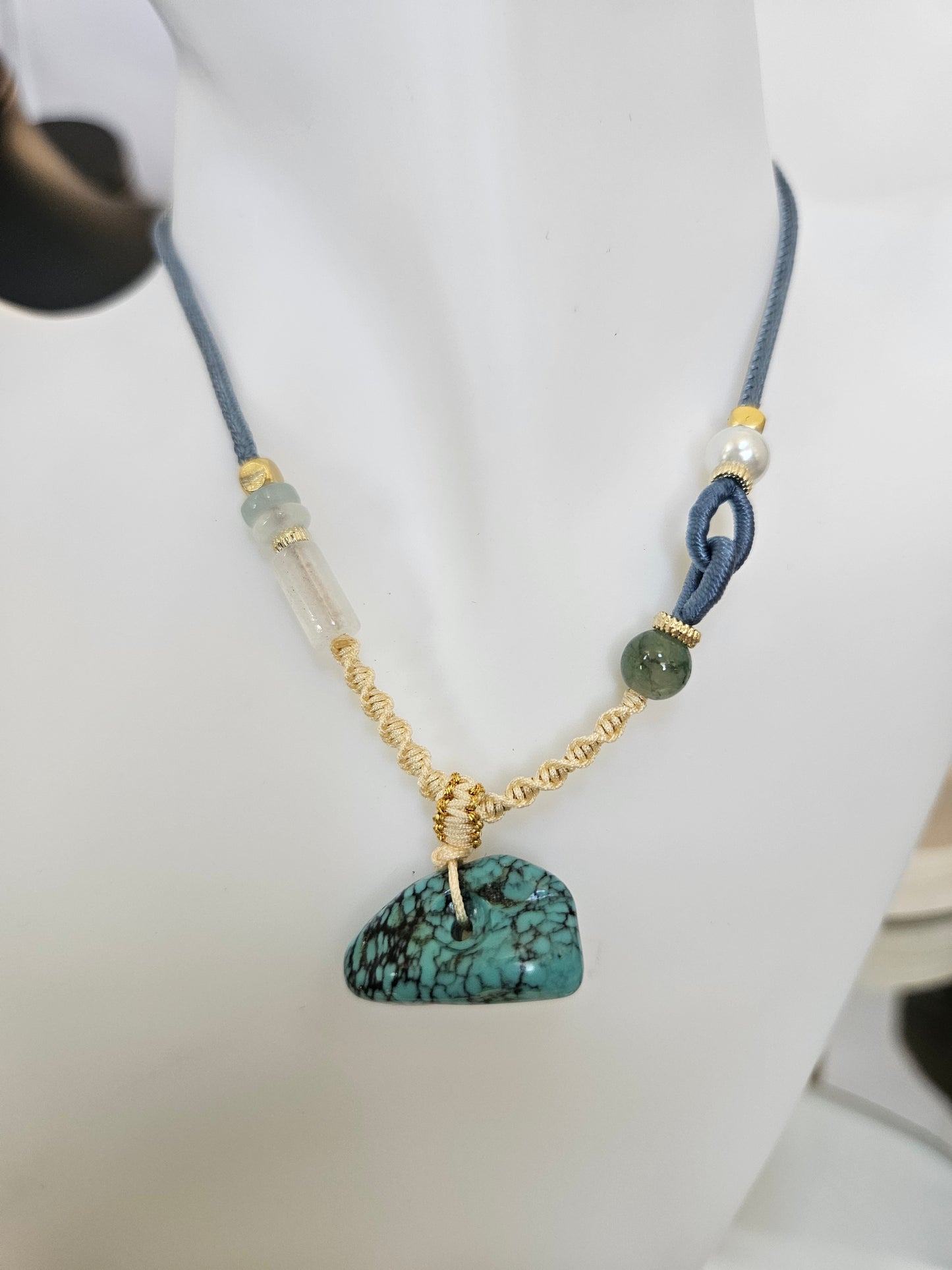 Natural Turquoise Unique Natural Texture Pendant Hand-woven Cord Adjustable Necklace