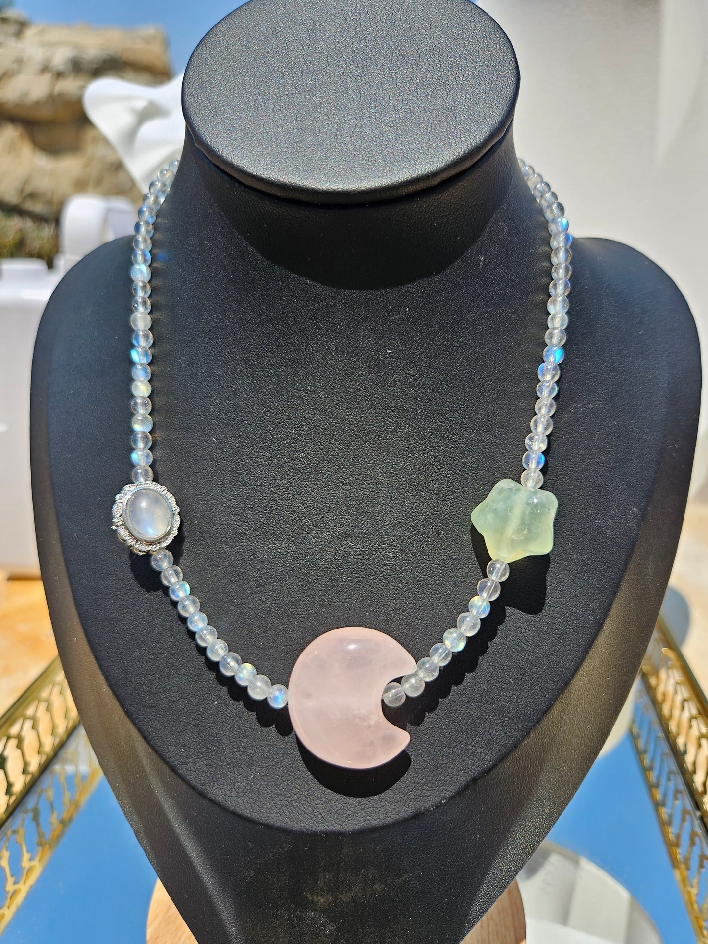 "Summer Night Stars and Moon" natural rose quartz and green hair crystal with pure natural moonstone bead necklace