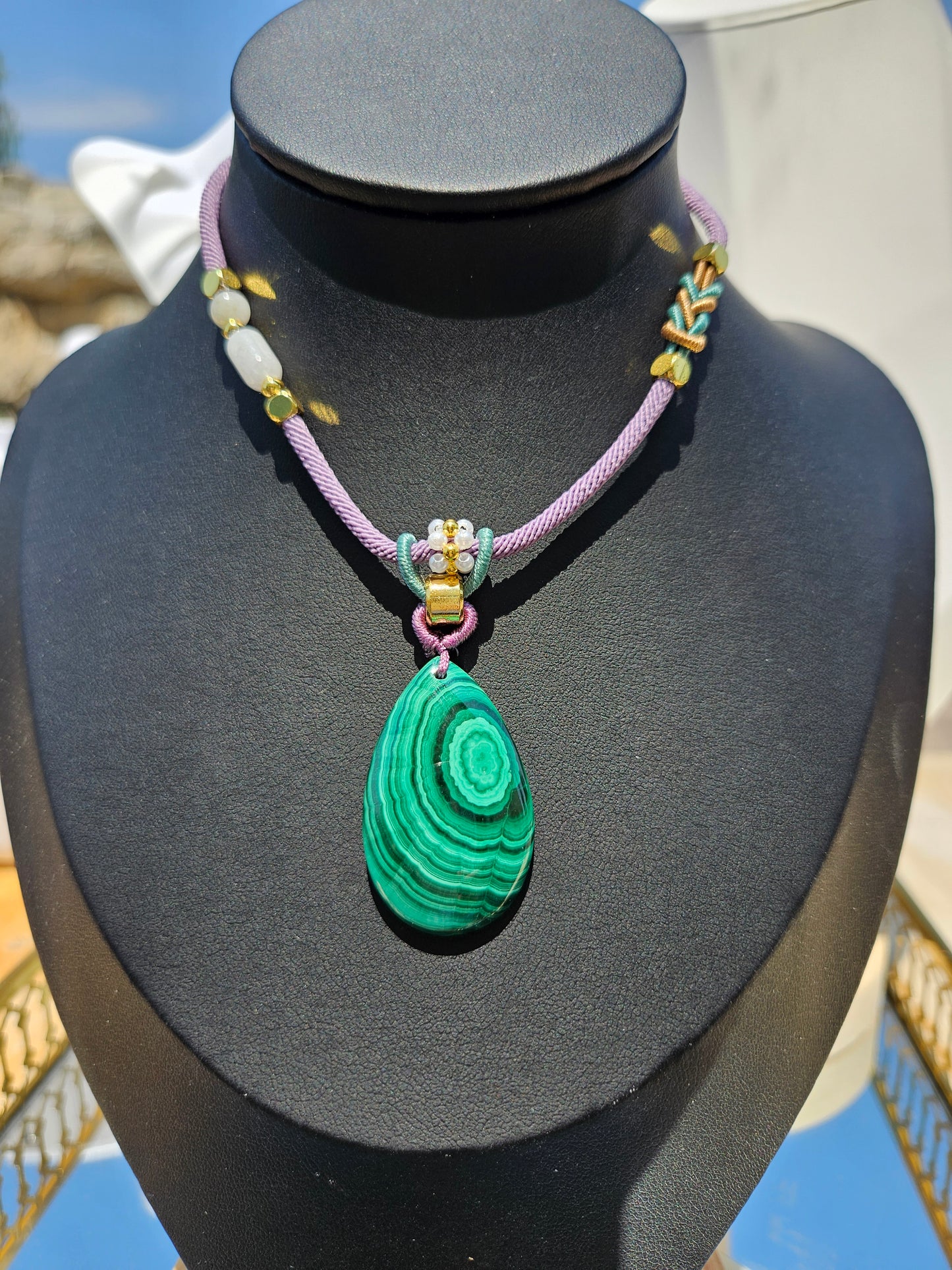 Natural Malachite Natural Texture Teardrop Pendant Handmade Braided Necklace Adjustable