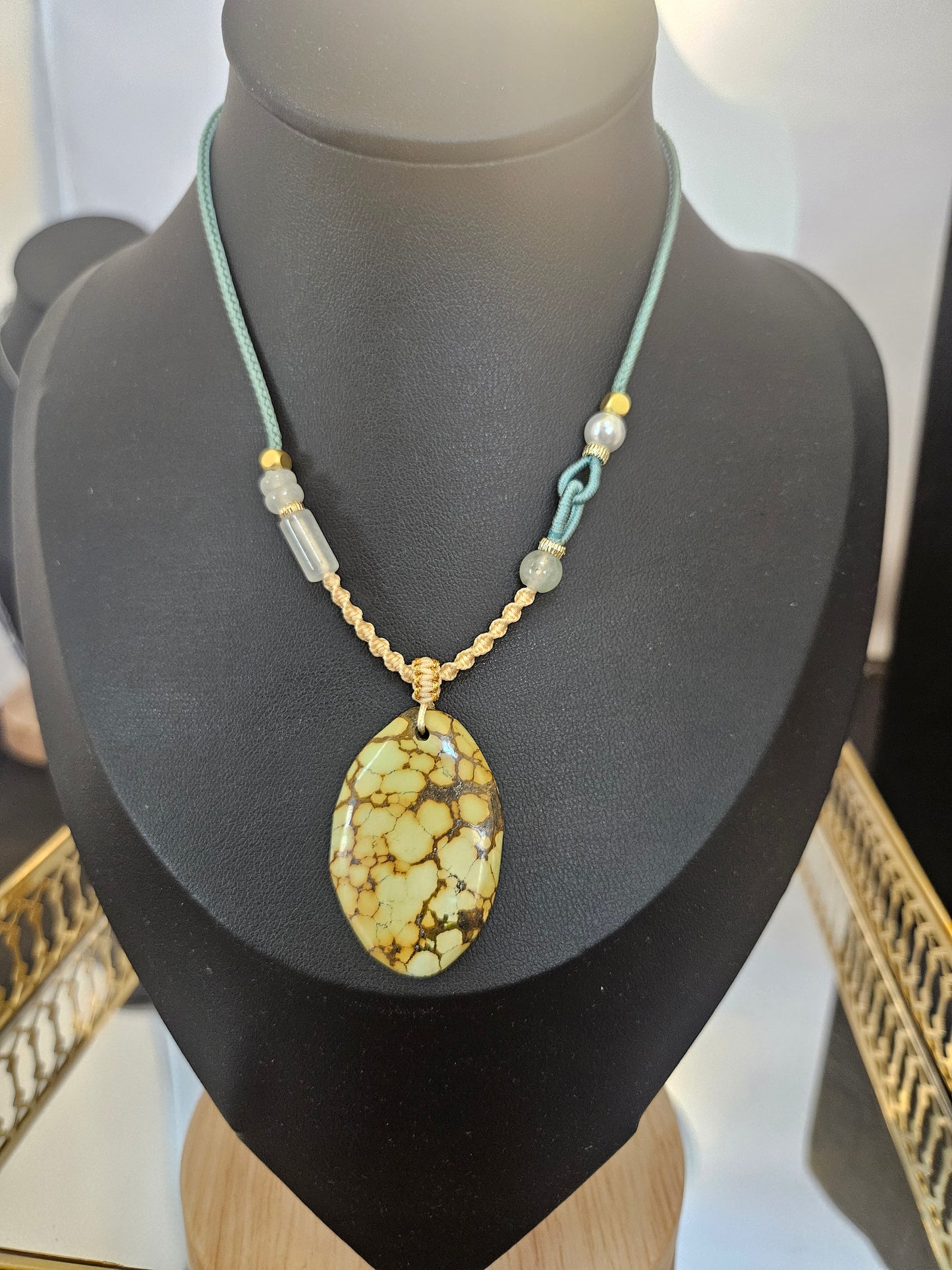 Natural Turquoise Unique Natural Texture Yellow Green Pendant Hand-woven Rope Adjustable Necklace