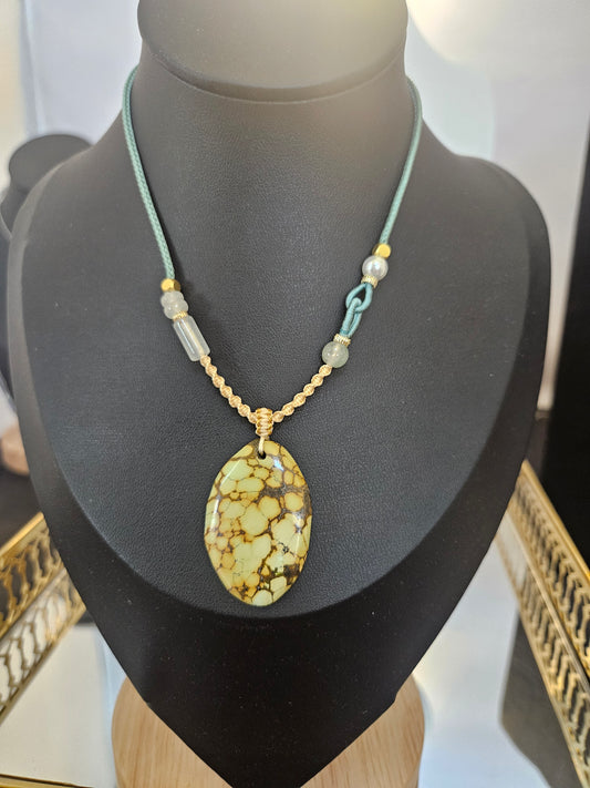 Natural Turquoise Unique Natural Texture Yellow Green Pendant Hand-woven Rope Adjustable Necklace