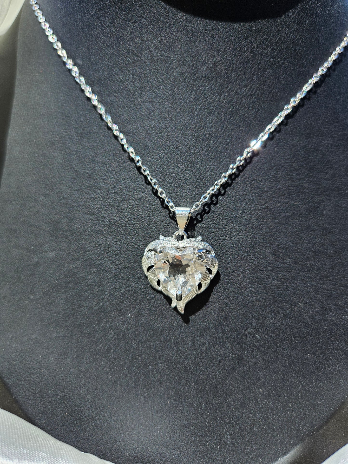 Natural White Quartz Heart Shaped Necklace Silver Plated