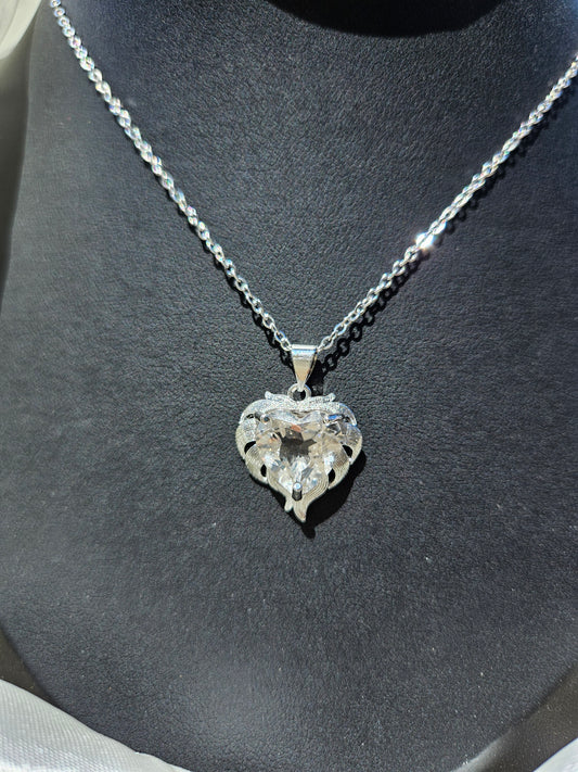 Natural White Quartz Heart Shaped Necklace Silver Plated