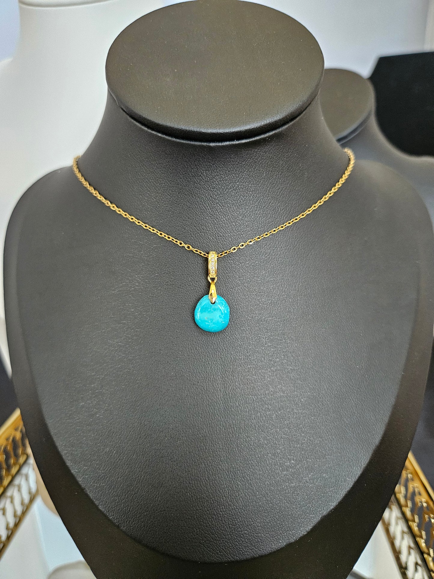 Natural Blue Turquoise Bead Necklace Gold Plated