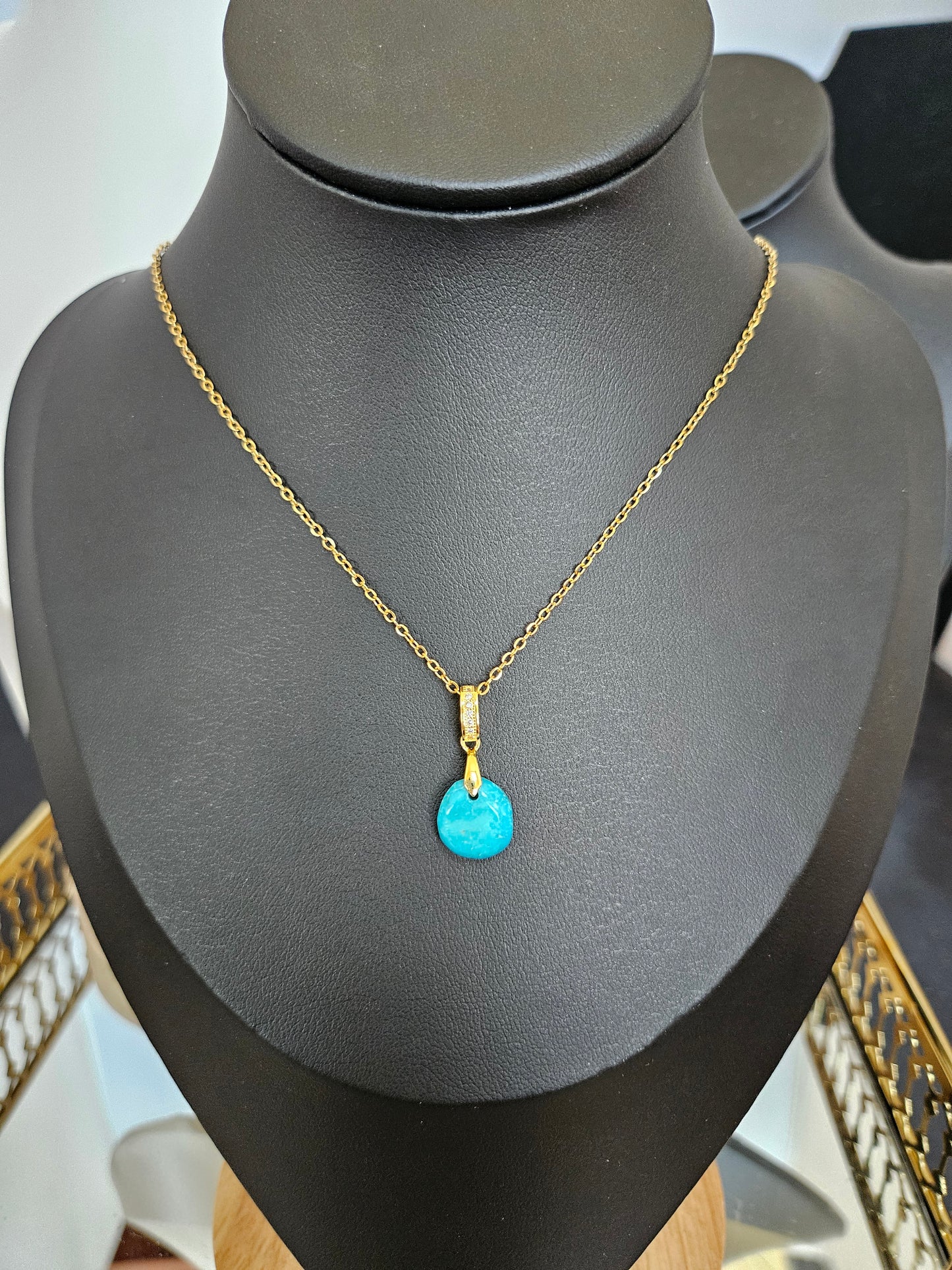 Natural Blue Turquoise Bead Necklace Gold Plated