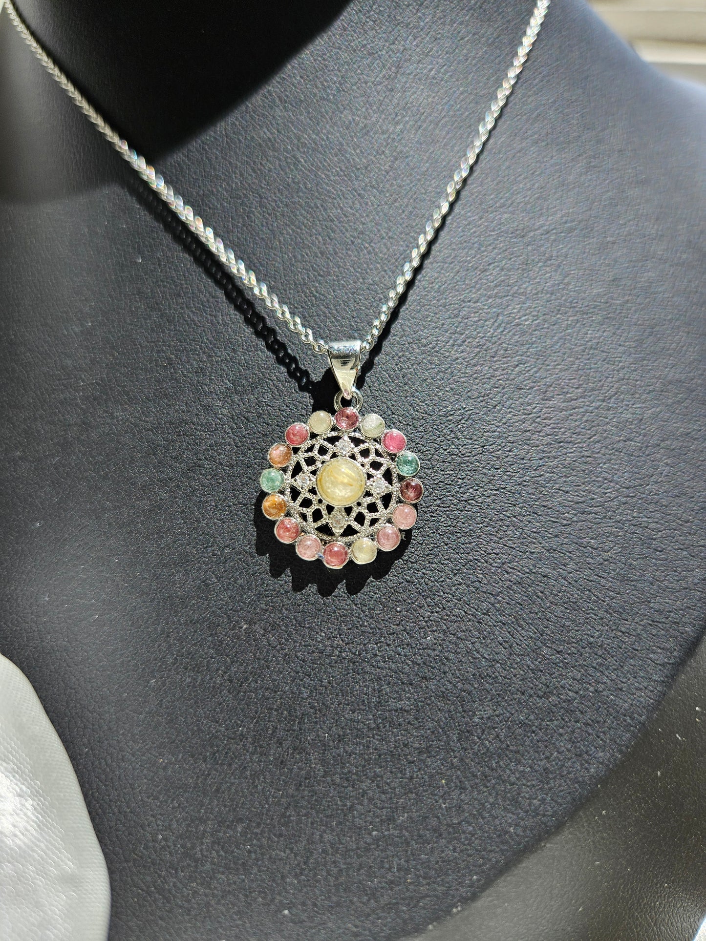 Natural Multi-Colored Tourmaline Mini Ferris Wheel Pendant Necklace