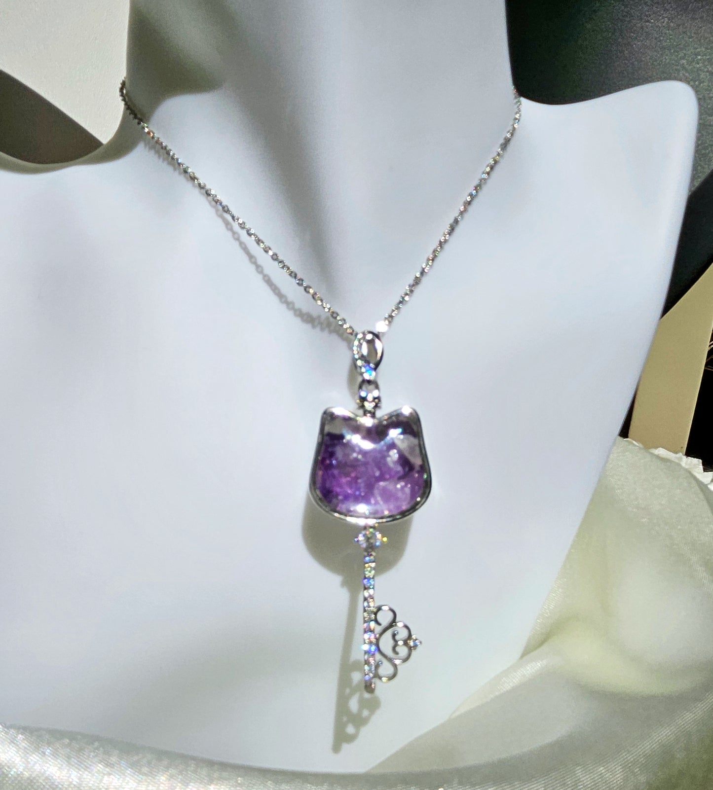 Natural Amethyst Cat Shaped Key Necklace