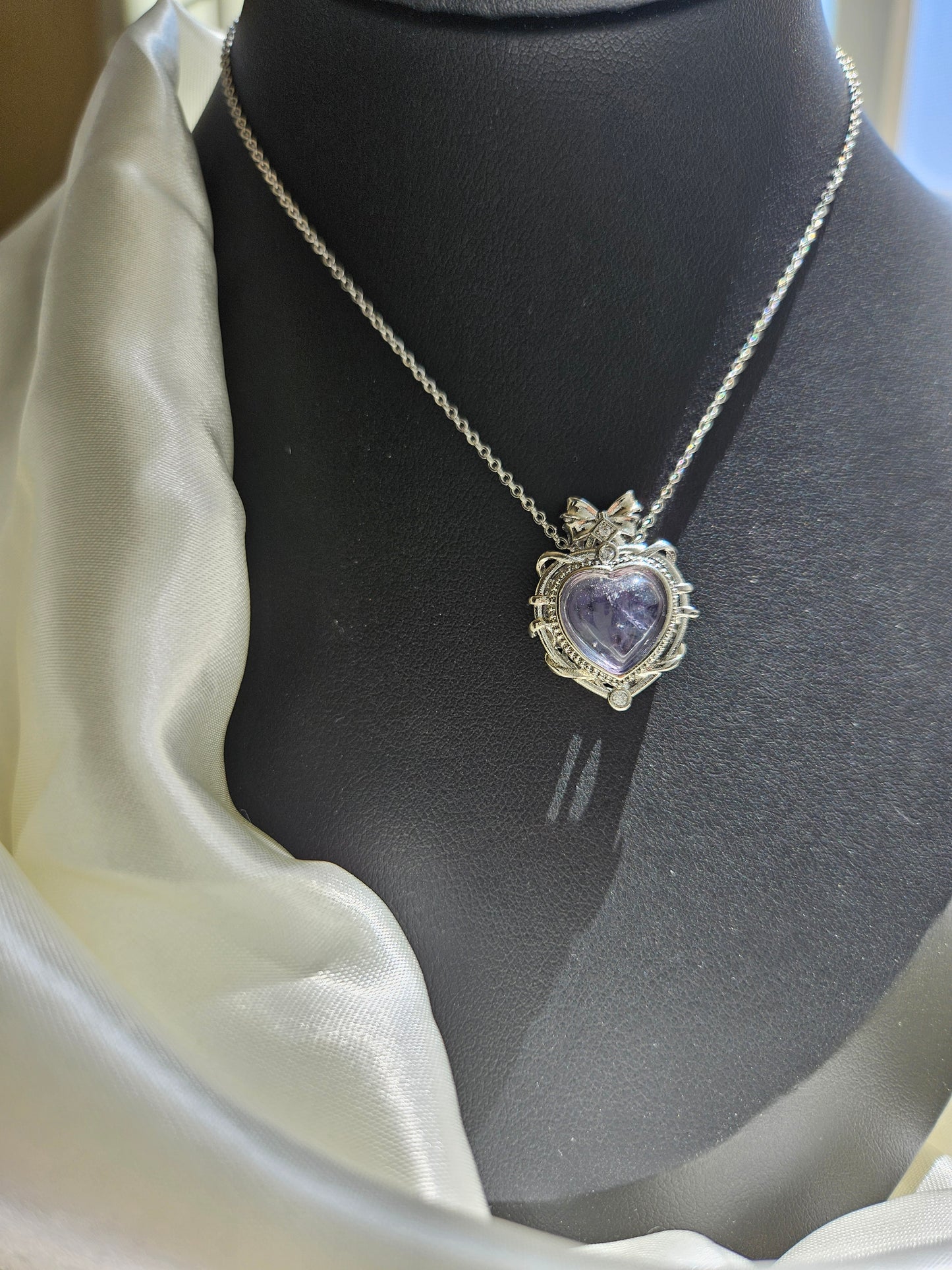 Natural Fluorite Heart Shaped Necklace Silver Plated