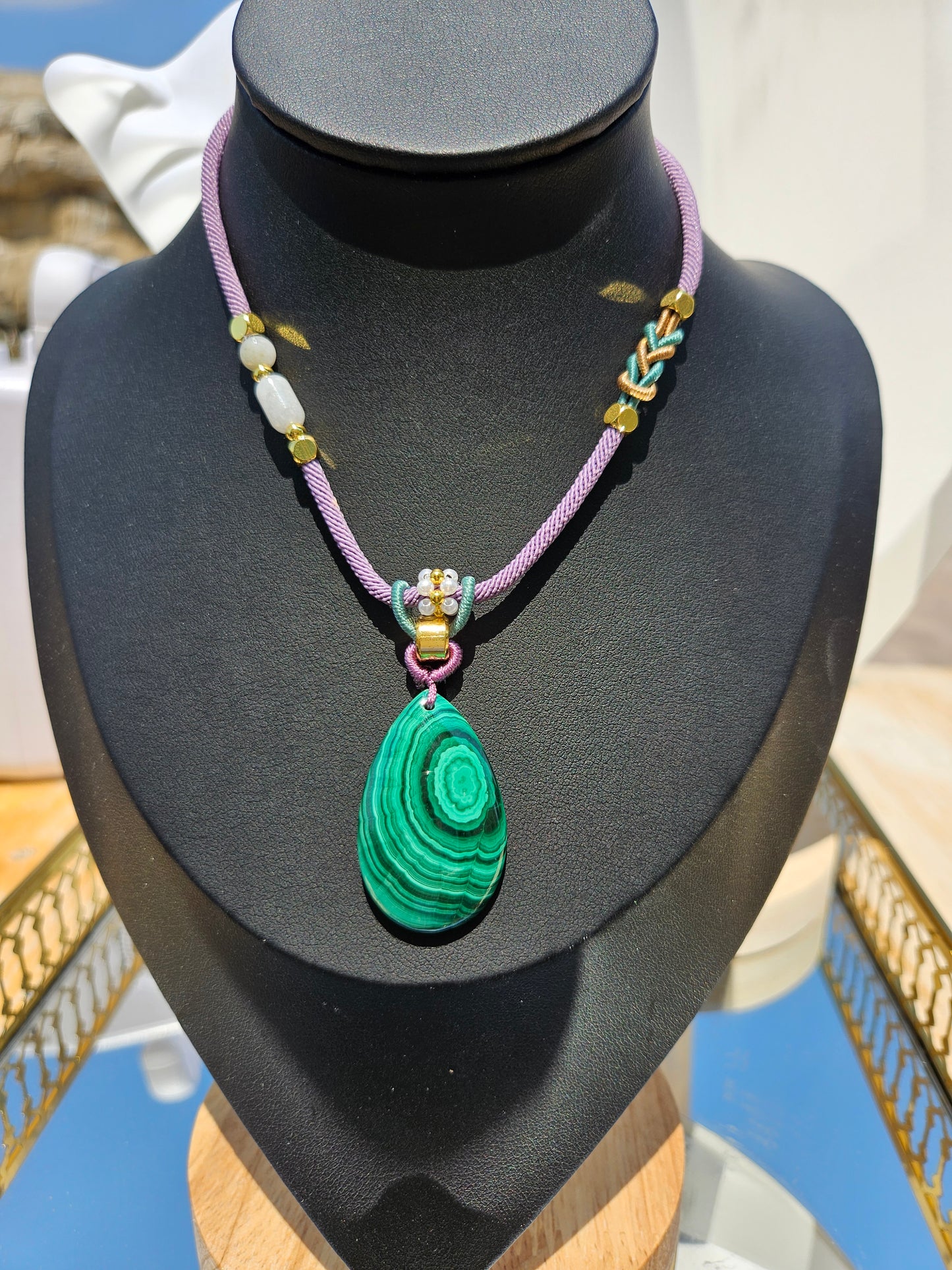 Natural Malachite Natural Texture Teardrop Pendant Handmade Braided Necklace Adjustable