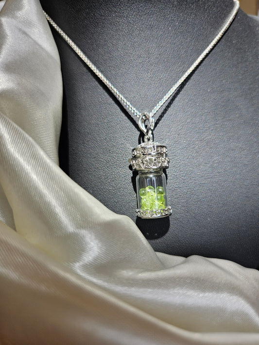 Natural Olivine Wishing Bottle Necklace Silver Plated