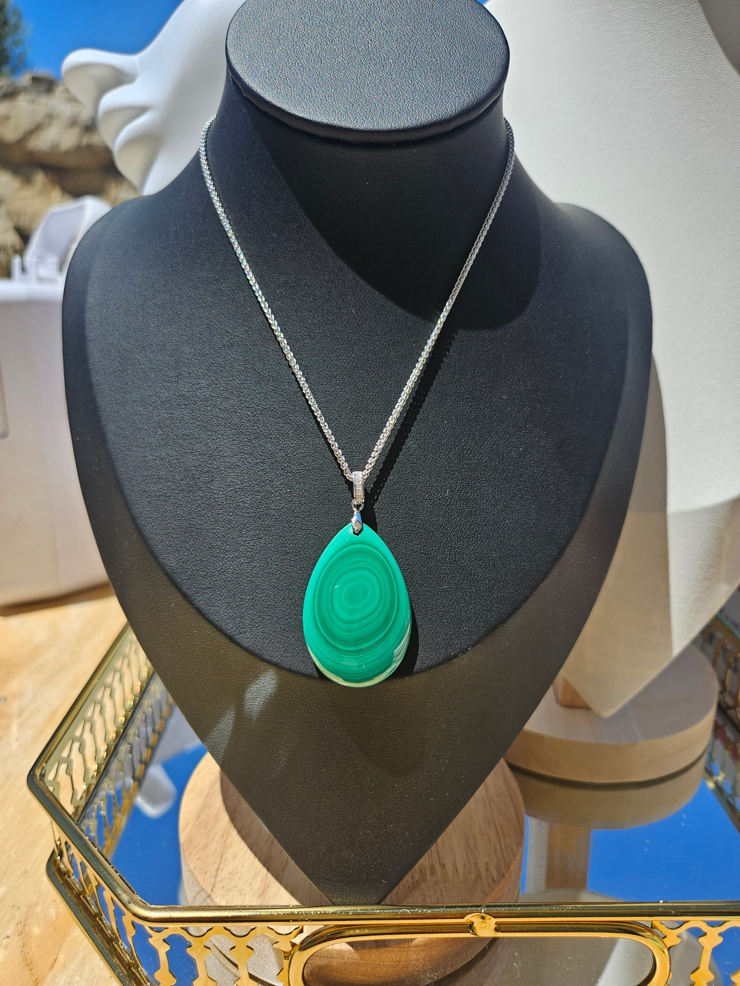 Natural Malachite Natural Texture Teardrop Pendant Silver Plated Necklace Adjustable