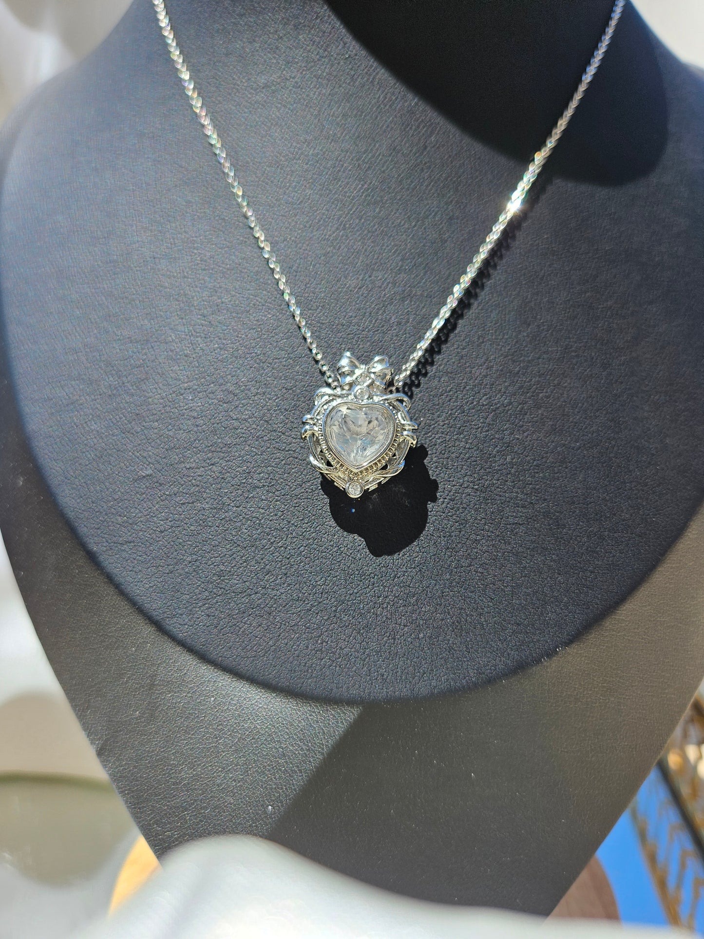 Natural White Quartz Heart Shaped Necklace Silver Plated