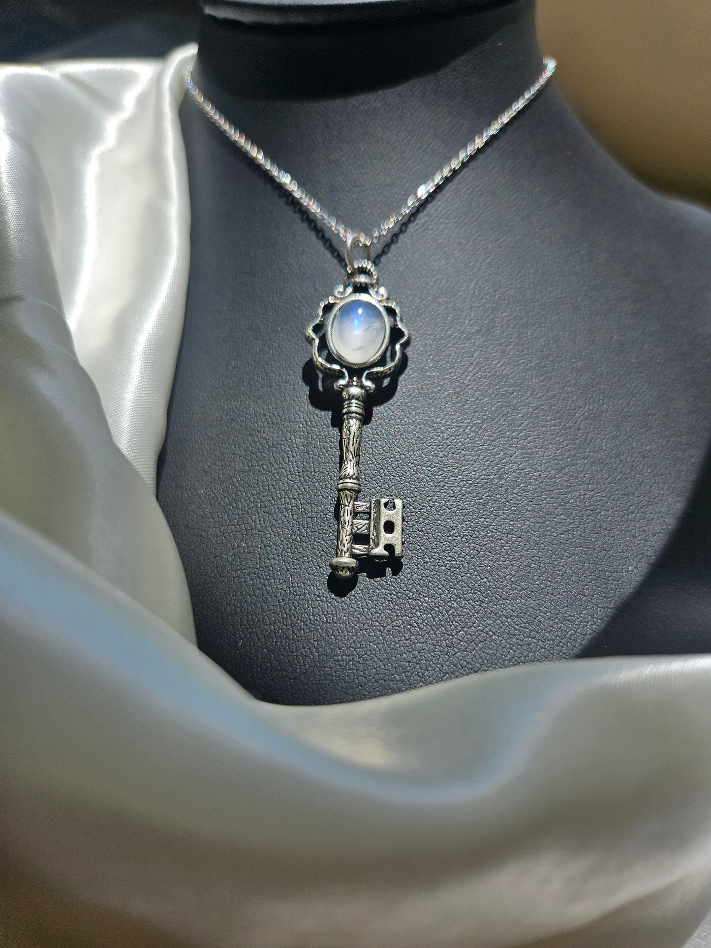 Natural Moonstone Key Shaped Necklace Silver Plated