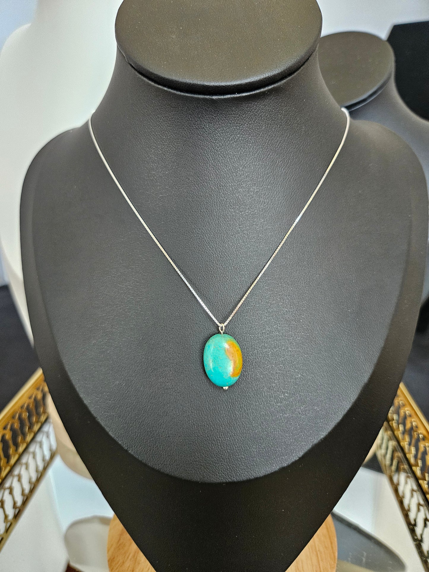 Natural Blue and Orange Pattern Turquoise Bead Necklace Silver Plated