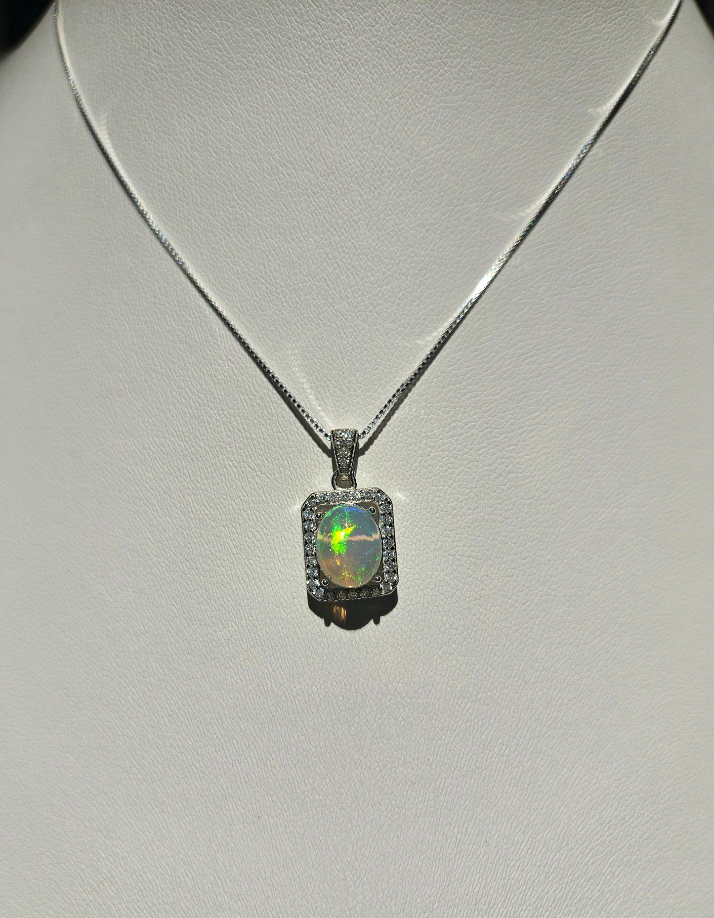 Natural Opal Rectangular Sparkling Zircon Inlaid 925 Sterling Silver Necklace