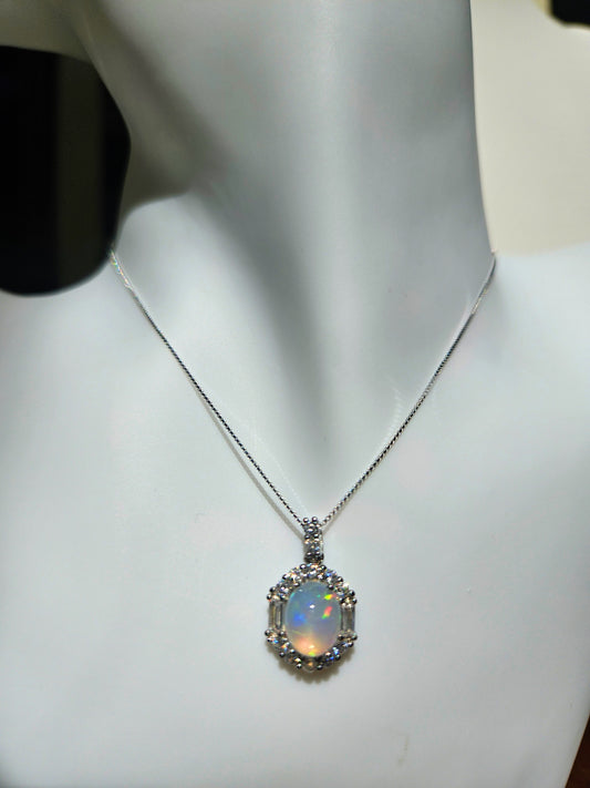 Natural Opal Round Shape Necklace Silver Plated