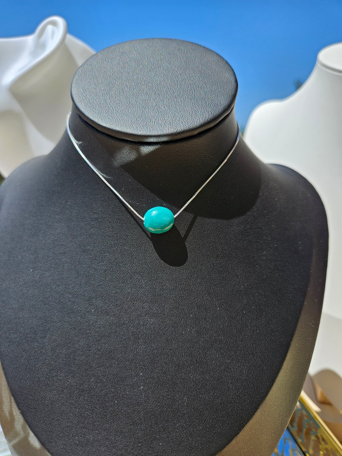 Pure Natural Turquoise Oval Bean Bead 925 Sterling Silver Necklace