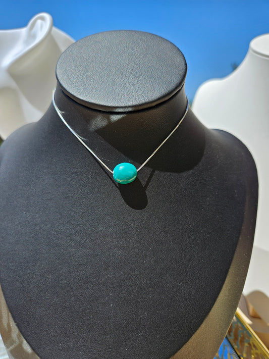 Pure Natural Turquoise Oval Bean Bead 925 Sterling Silver Necklace