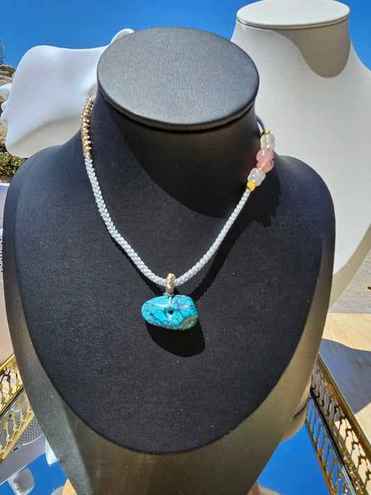 Natural Turquoise Button-shaped Vintage Pendant Hand-woven Rope Adjustable Necklace