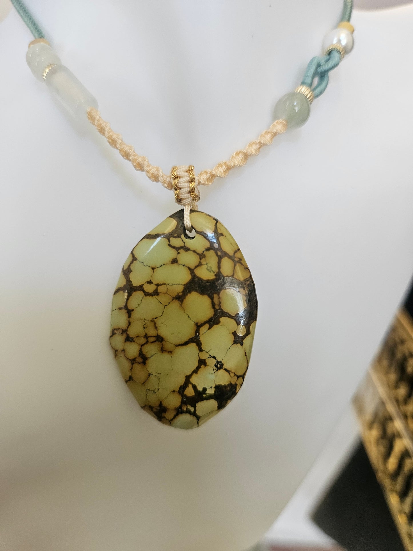 Natural Turquoise Unique Natural Texture Yellow Green Pendant Hand-woven Rope Adjustable Necklace